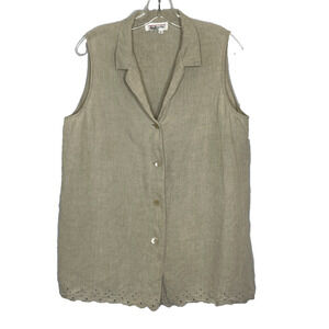 Women's 16 Talbots Beige 100% Linen Button Down Scallop Trim Sleeveless Blouse